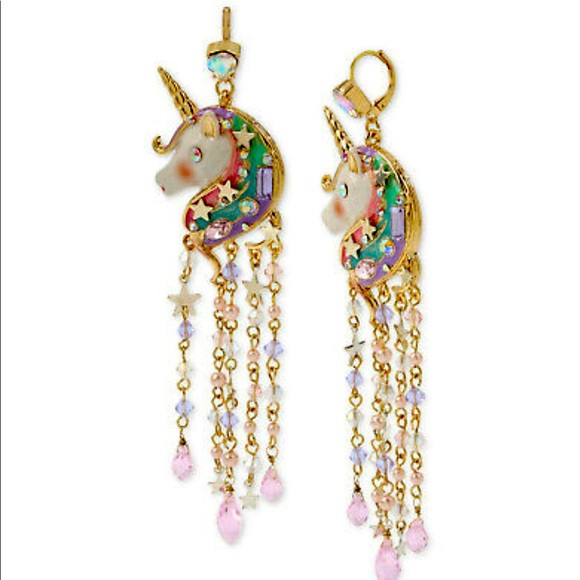 New  Betsey Johnson Unicorn Fringe Chandelier Earrings - Picture 14 of 15